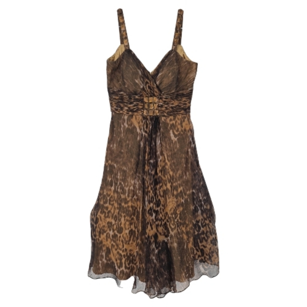 Badgley Mischka Leopard Print Chiffon Empire Waist Midi‎ Dress Y2K